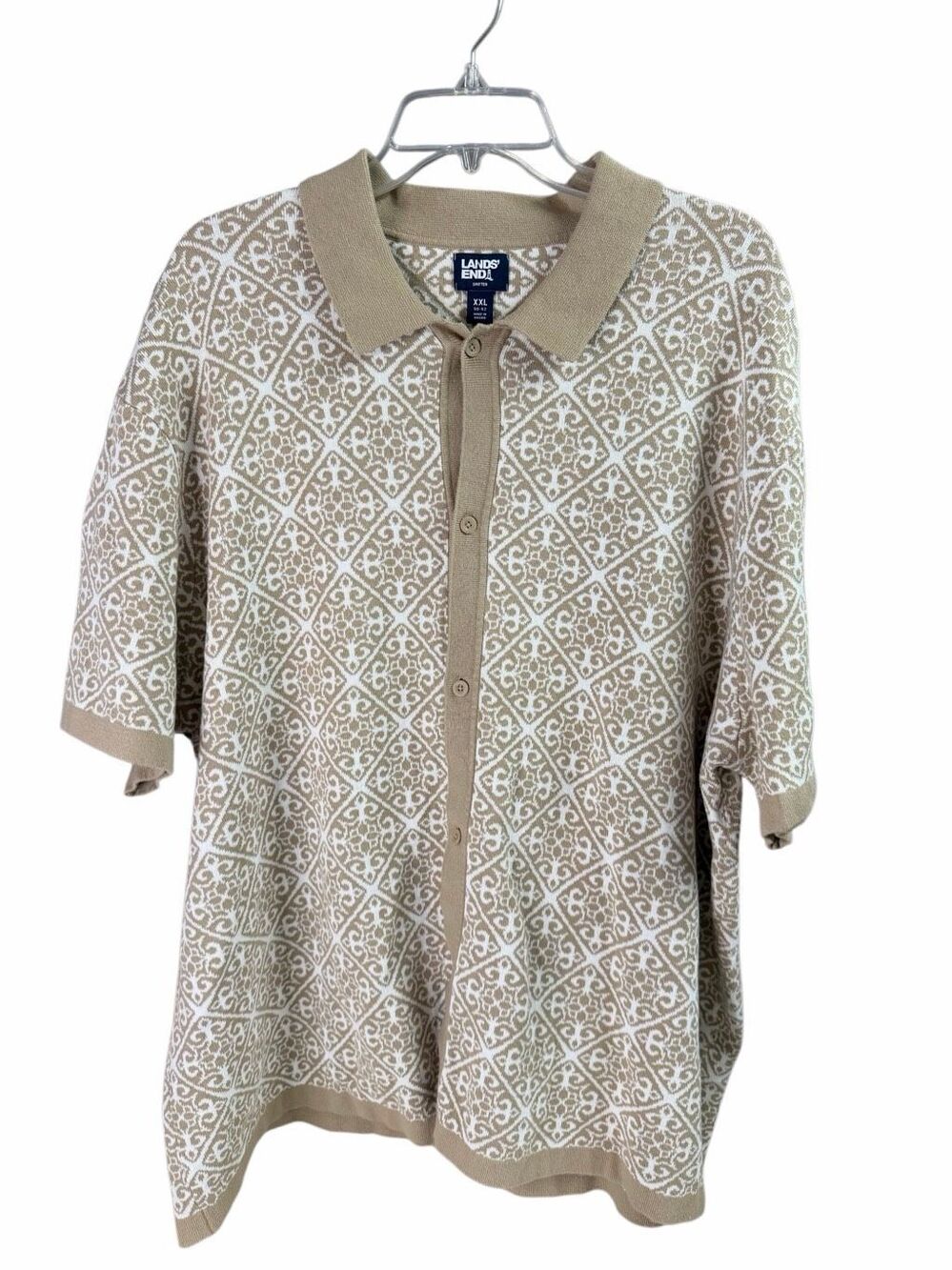 Lands End Mens Short Sleeve Tile Jacquard Button Down Sweater Polo Sz XXL 50-52